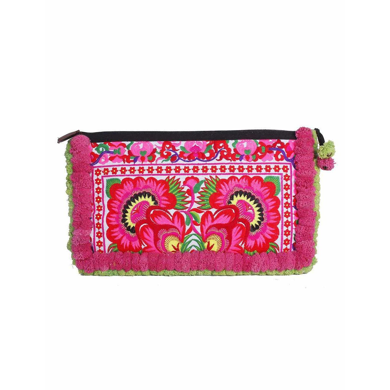 Double Pompom Embroidered Hmong Clutch - Thailand Bags La Vie Bien Double Pompom Embroidered Hmong Clutch - Thailand
