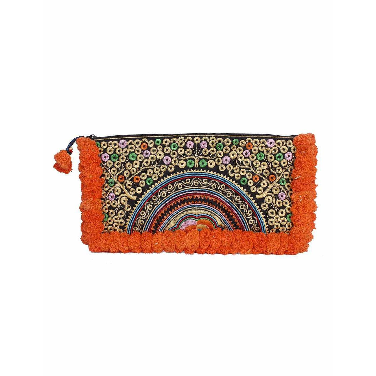 Double Pompom Embroidered Hmong Clutch - Thailand Bags La Vie Bien Double Pompom Embroidered Hmong Clutch - Thailand