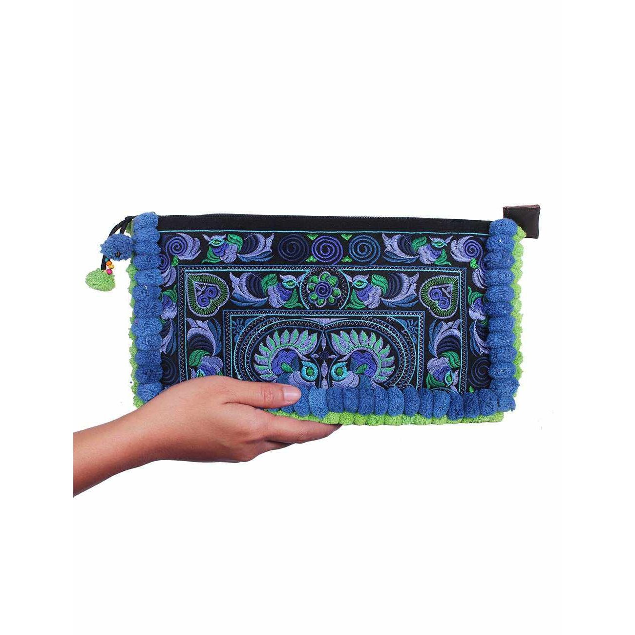 Double Pompom Embroidered Hmong Clutch - Thailand Bags La Vie Bien Double Pompom Embroidered Hmong Clutch - Thailand
