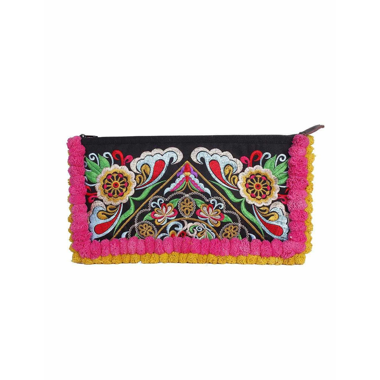 Double Pompom Embroidered Hmong Clutch - Thailand Bags La Vie Bien Double Pompom Embroidered Hmong Clutch - Thailand
