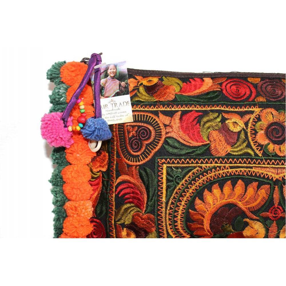 Double Pompom Embroidered Hmong Clutch - Thailand Bags La Vie Bien Double Pompom Embroidered Hmong Clutch - Thailand