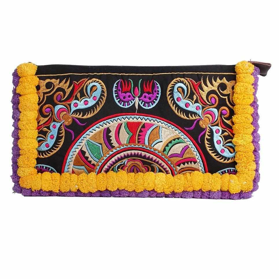 Double Pompom Embroidered Hmong Clutch - Thailand Bags La Vie Bien Double Pompom Embroidered Hmong Clutch - Thailand