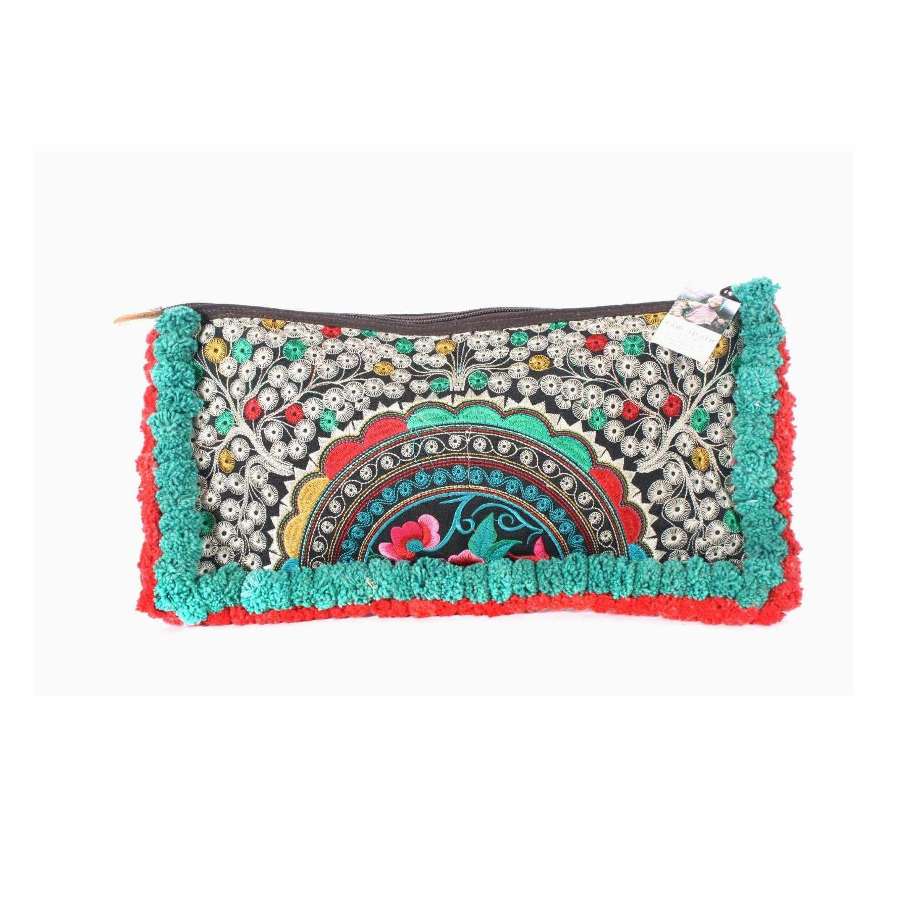 Double Pompom Embroidered Hmong Clutch - Thailand Bags La Vie Bien Double Pompom Embroidered Hmong Clutch - Thailand