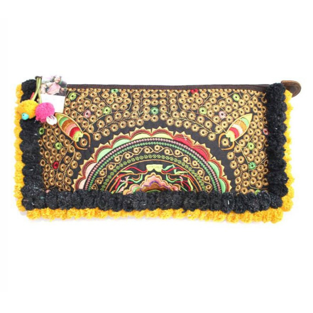 Double Pompom Embroidered Hmong Clutch - Thailand Bags La Vie Bien Double Pompom Embroidered Hmong Clutch - Thailand