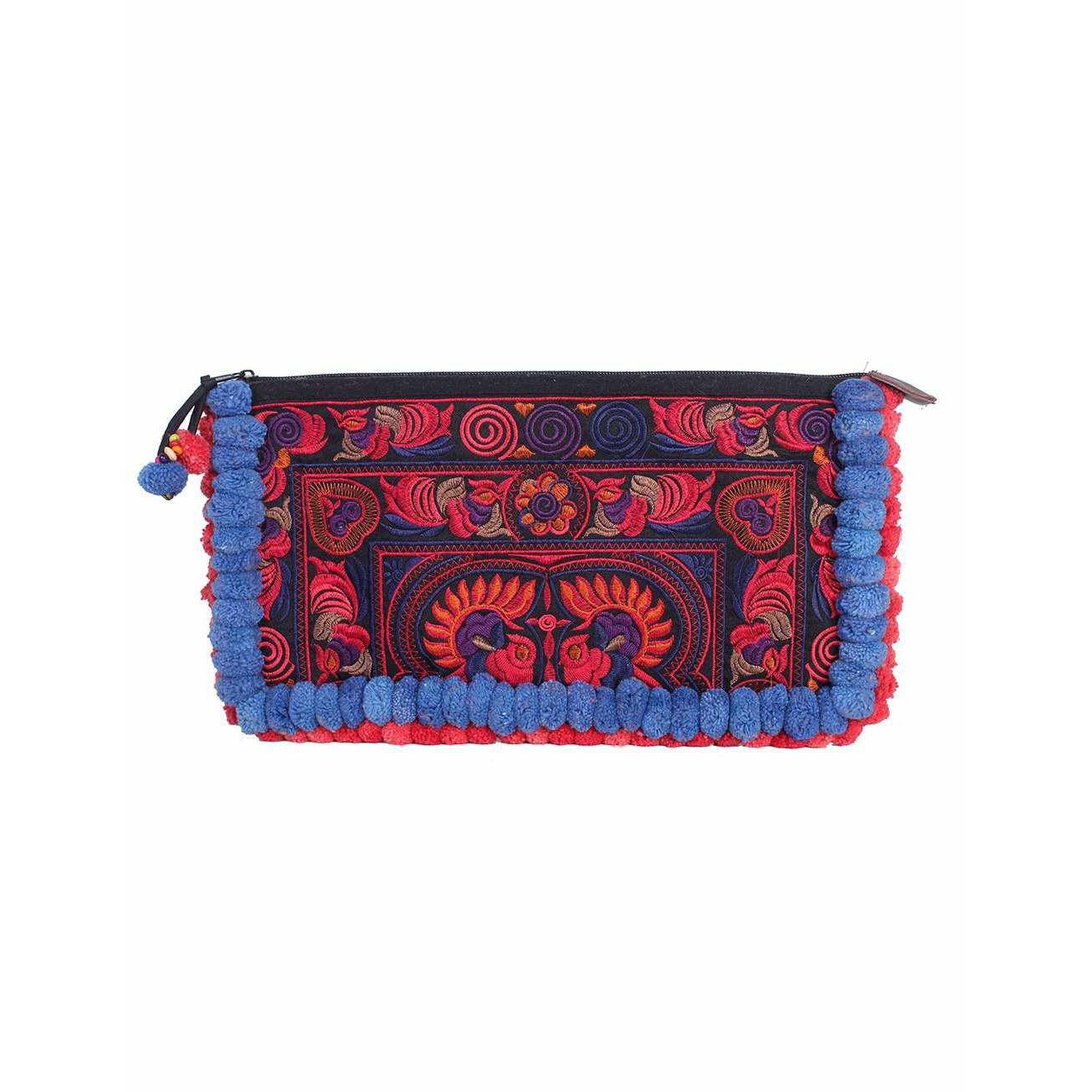 Double Pompom Embroidered Hmong Clutch - Thailand Bags La Vie Bien Double Pompom Embroidered Hmong Clutch - Thailand