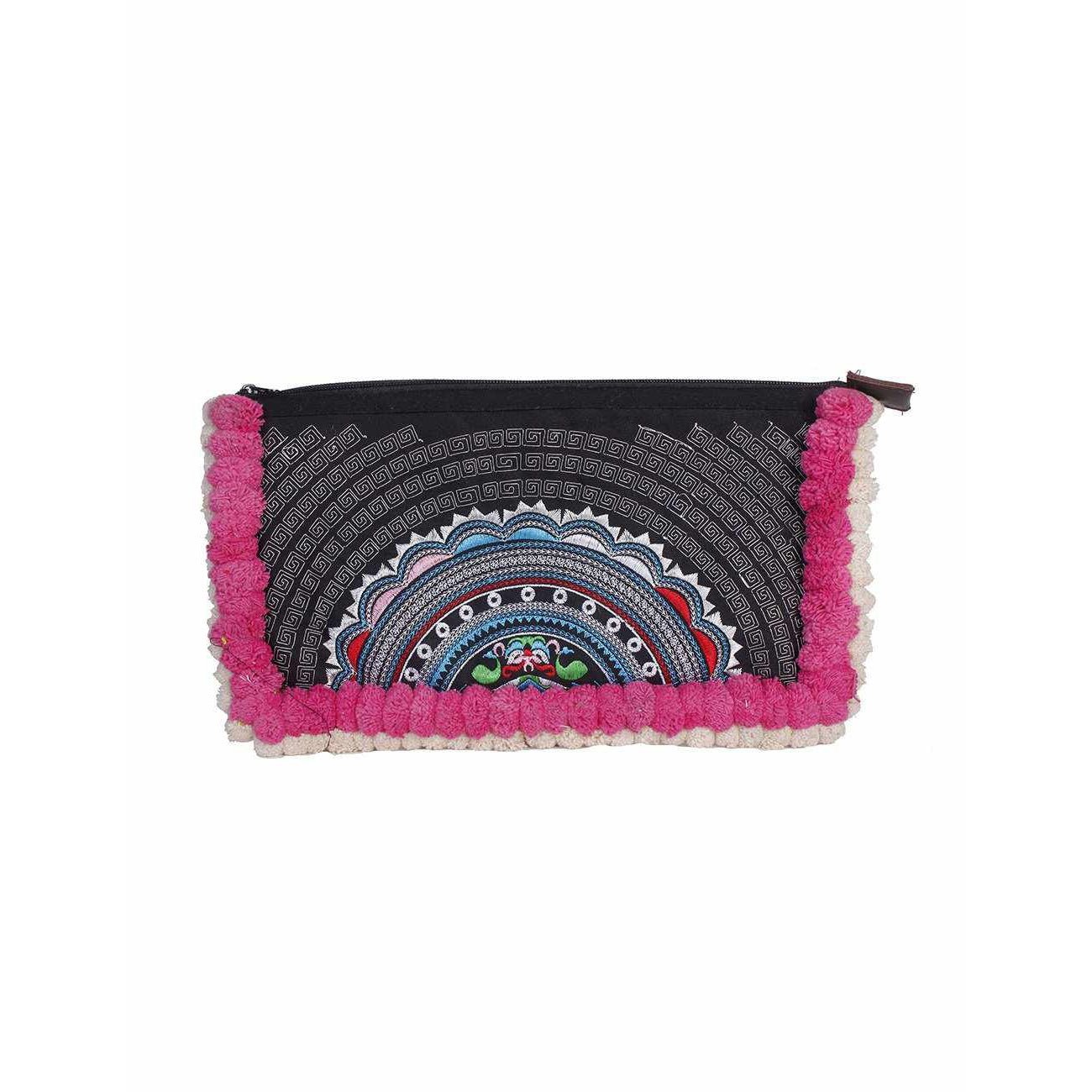 Double Pompom Embroidered Hmong Clutch - Thailand Bags La Vie Bien Double Pompom Embroidered Hmong Clutch - Thailand