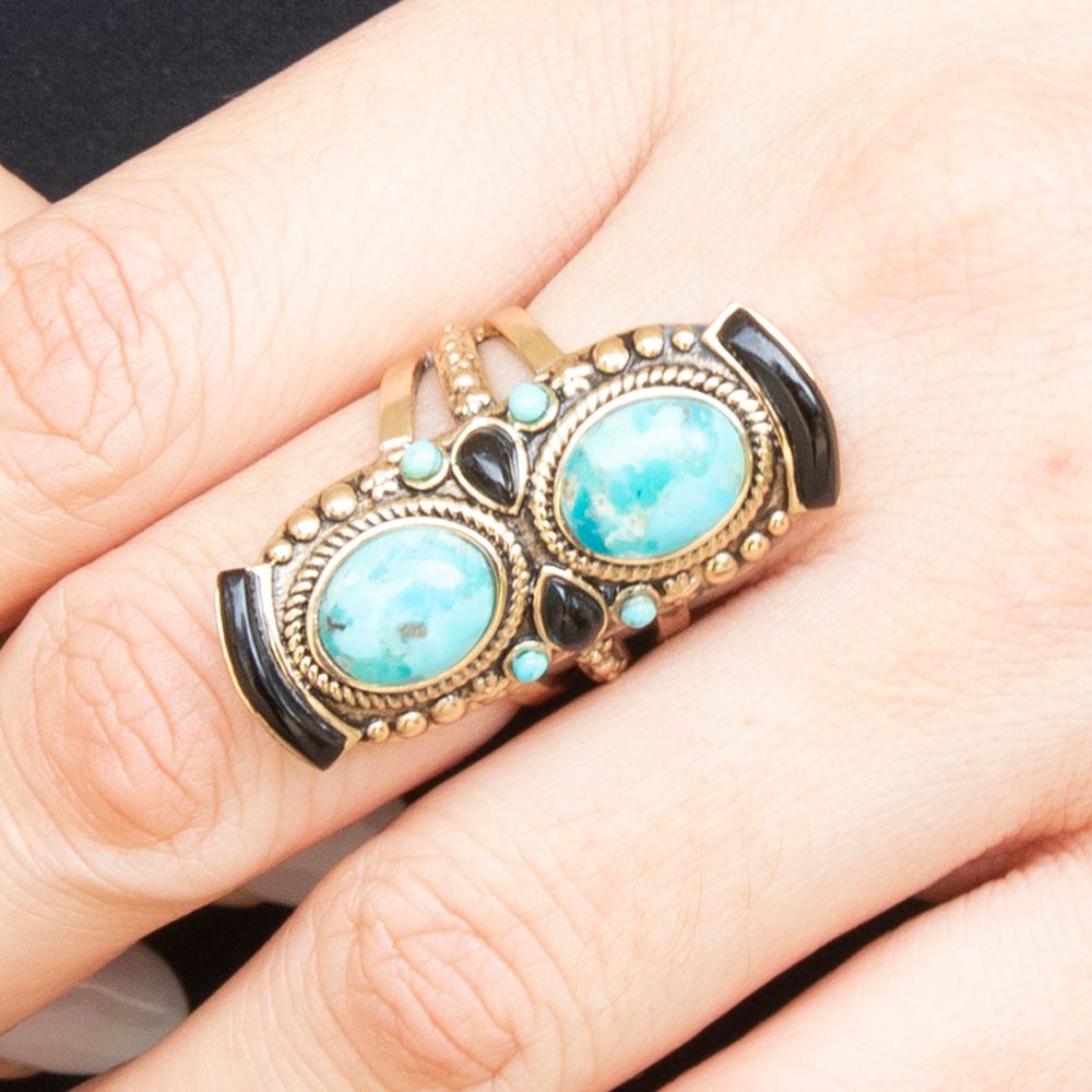 Double Up Blue Turquoise and Black Onyx Golden Ring