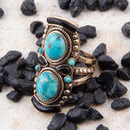 Double Up Blue Turquoise and Black Onyx Golden Ring