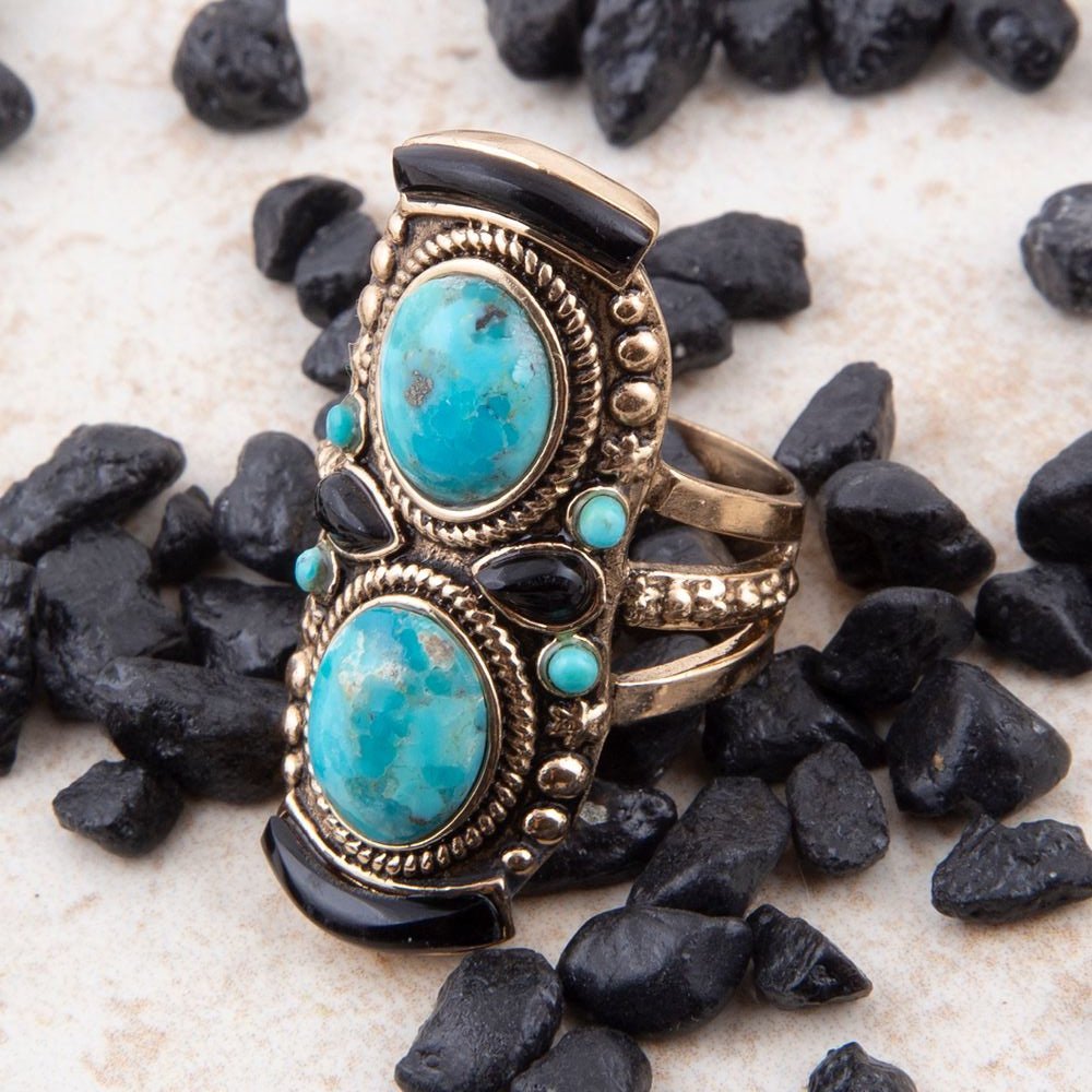 Double Up Blue Turquoise and Black Onyx Golden Ring Rings La Vie Bien Double Up Blue Turquoise and Black Onyx Golden Ring