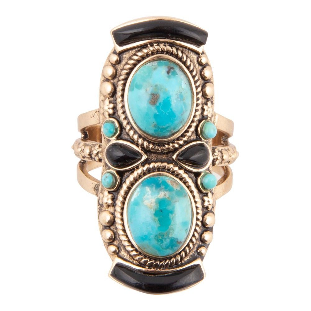 Double Up Blue Turquoise and Black Onyx Golden Ring Rings La Vie Bien Double Up Blue Turquoise and Black Onyx Golden Ring
