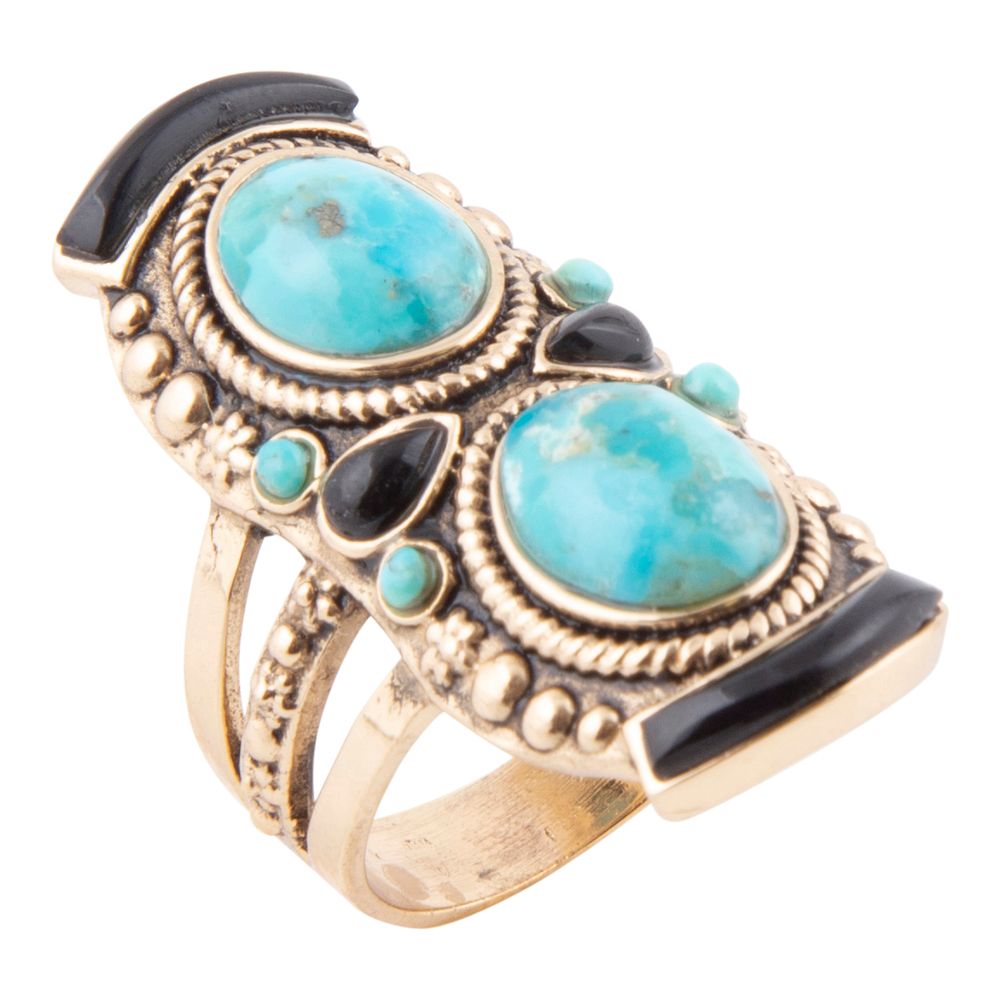 Double Up Blue Turquoise and Black Onyx Golden Ring Rings La Vie Bien Double Up Blue Turquoise and Black Onyx Golden Ring