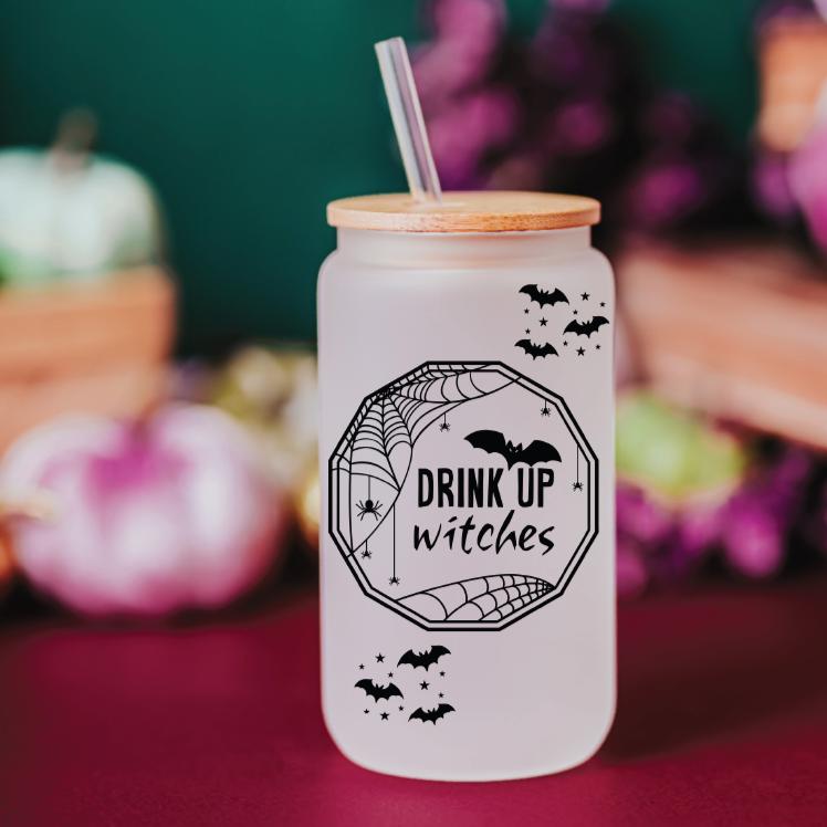 Drink Up Witches Halloween Glass Can Cup Drinkware La Vie Bien Drink Up Witches Halloween Glass Can Cup