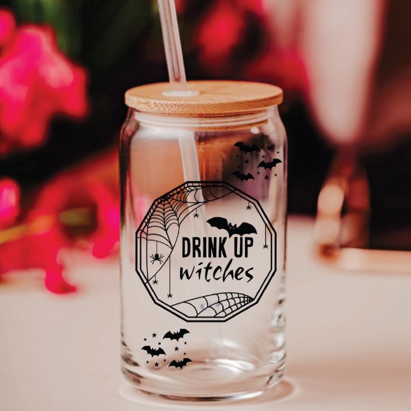 Drink Up Witches Halloween Glass Can Cup Drinkware La Vie Bien Drink Up Witches Halloween Glass Can Cup