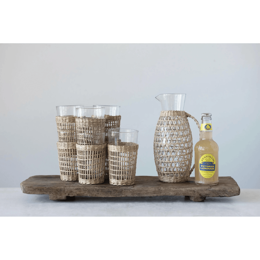 Drinking Glass with Woven Seagrass Sleeve by White Cliff Studio