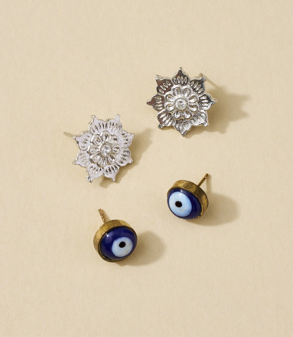 Drishti Evil Eye Charm Stud Earrings - Set of 2 HME stock line La Vie Bien Drishti Evil Eye Charm Stud Earrings - Set of 2