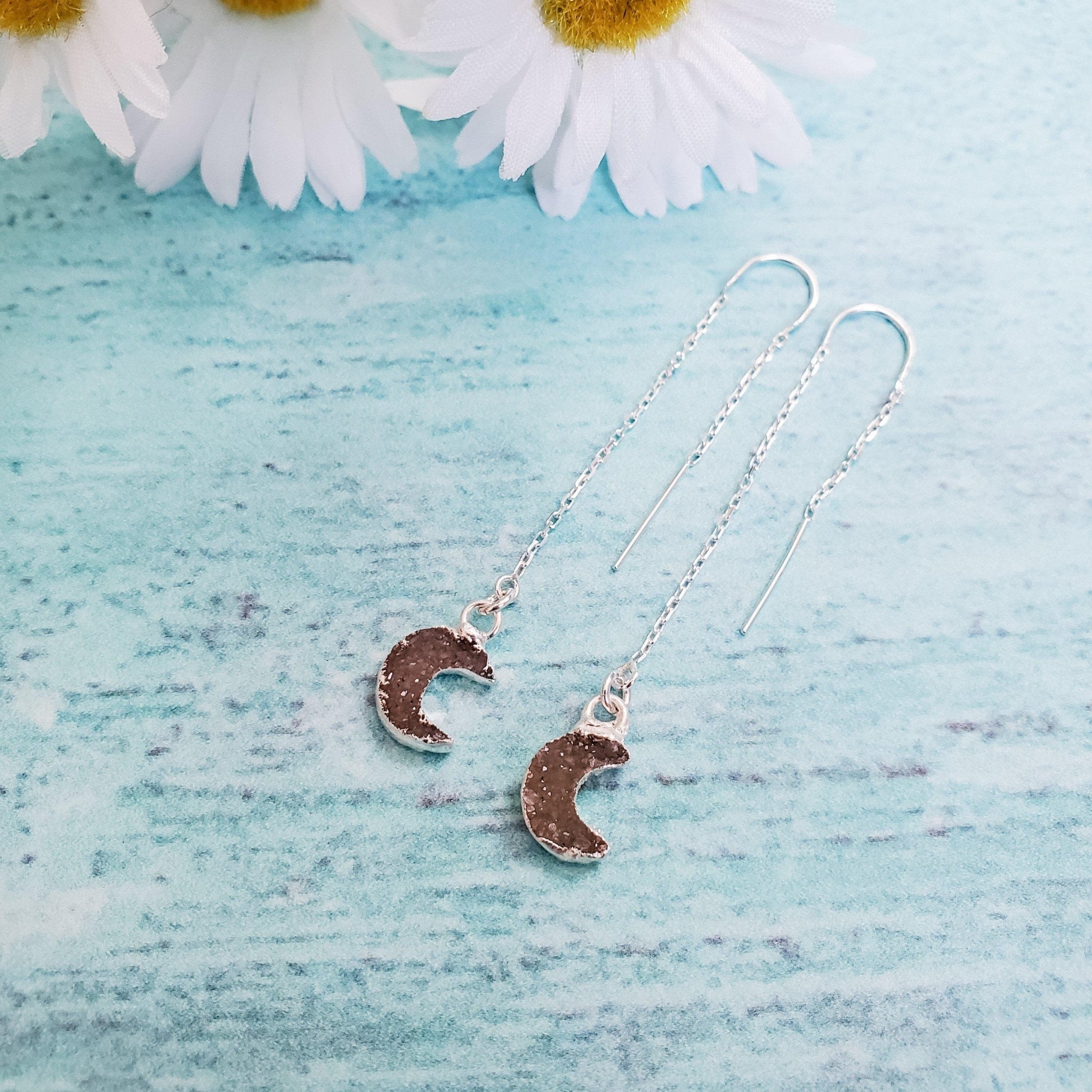 Druzy Moon Threader Earrings Crystal Earrings La Vie Bien Druzy Moon Threader Earrings