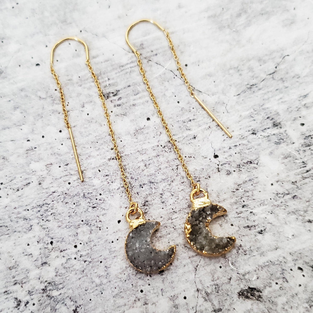 Druzy Moon Threader Earrings Crystal Earrings La Vie Bien Druzy Moon Threader Earrings