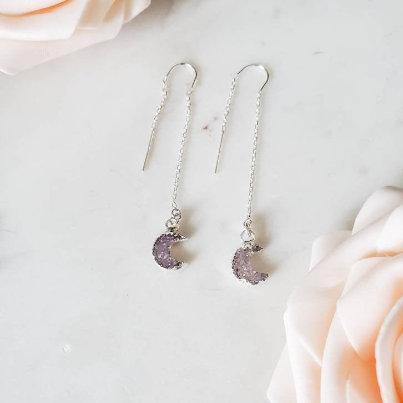 Druzy Moon Threader Earrings Crystal Earrings La Vie Bien Druzy Moon Threader Earrings