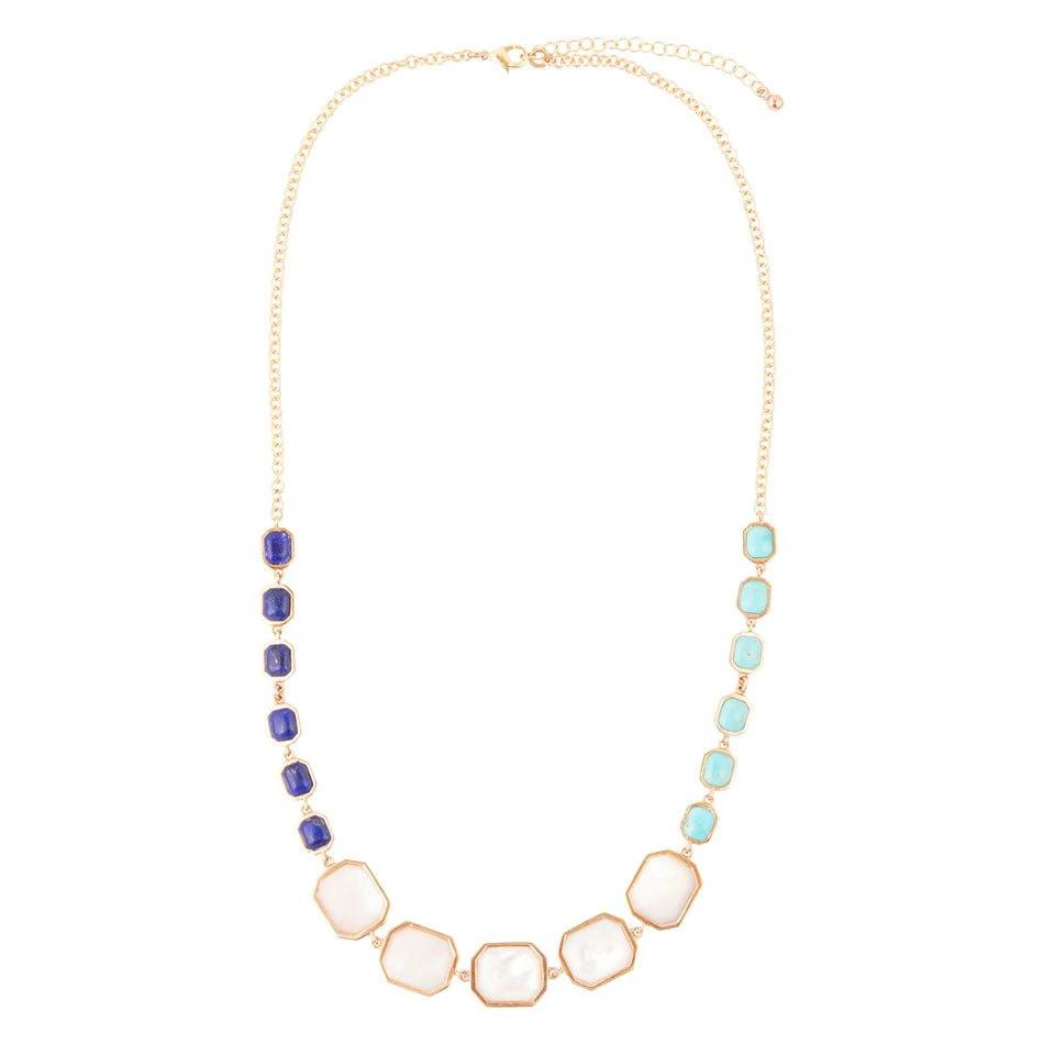 Dual Color Blue Lapis Turquoise and White Mother of Pearl Golden Necklace by Barse Jewelry