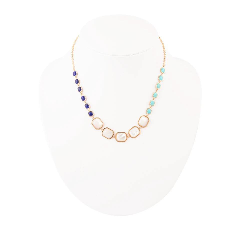 Dual Color Blue Lapis Turquoise and White Mother of Pearl Golden Necklace by Barse Jewelry
