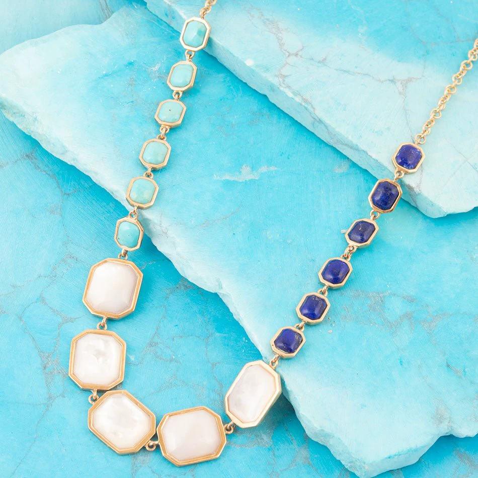 Dual Color Blue Lapis Turquoise and White Mother of Pearl Golden Necklace by Barse Jewelry
