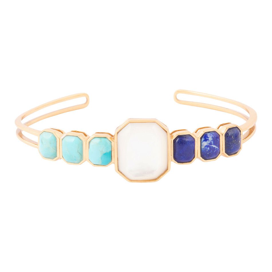 Dual Color Blue Lapis Turquoise and White Mother of Pearl Golden Cuff Bracelet Bracelets La Vie Bien Dual Color Blue Lapis Turquoise and White Mother of Pearl Golden Cuff Bracelet