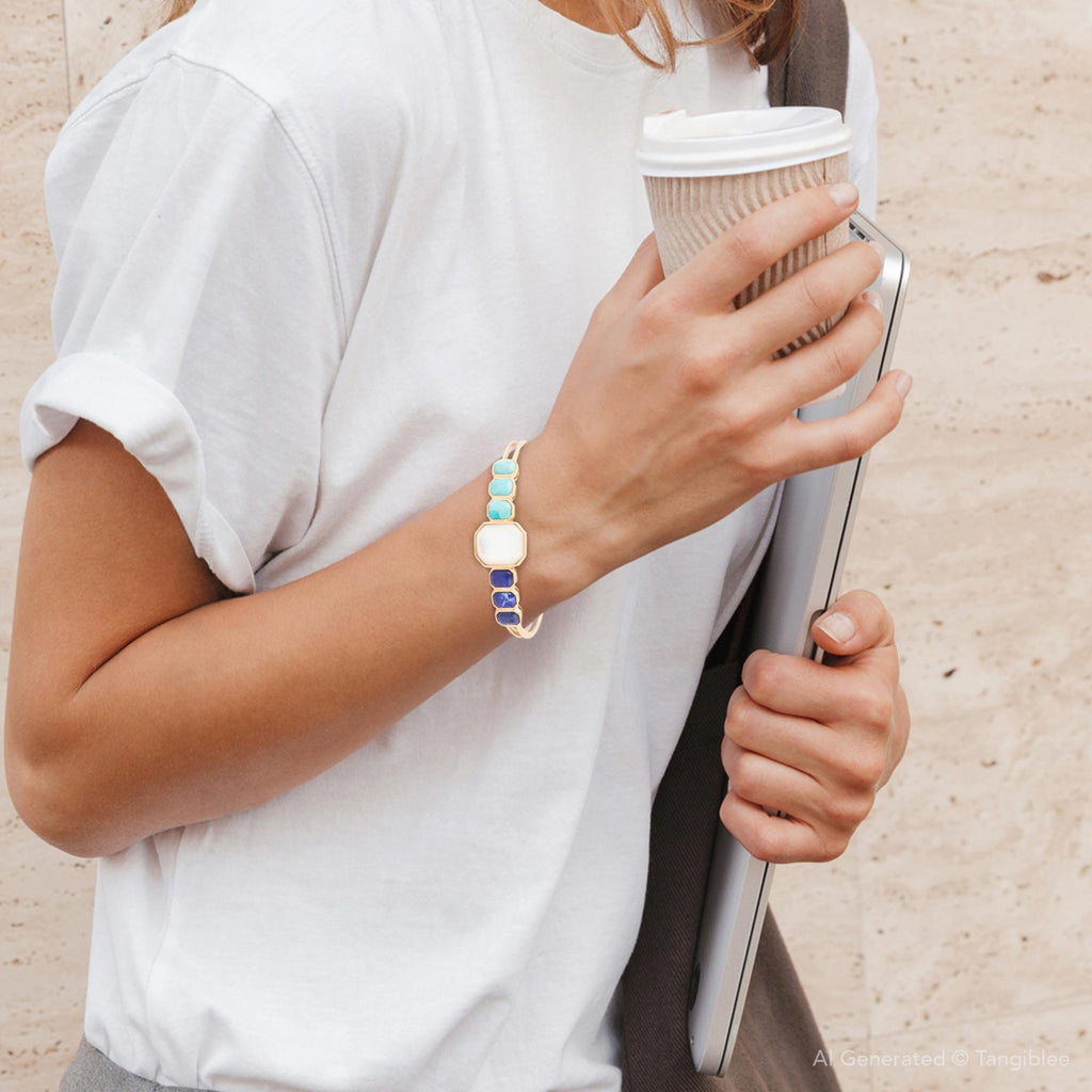 Dual Color Blue Lapis Turquoise and White Mother of Pearl Golden Cuff Bracelet Bracelets La Vie Bien Dual Color Blue Lapis Turquoise and White Mother of Pearl Golden Cuff Bracelet