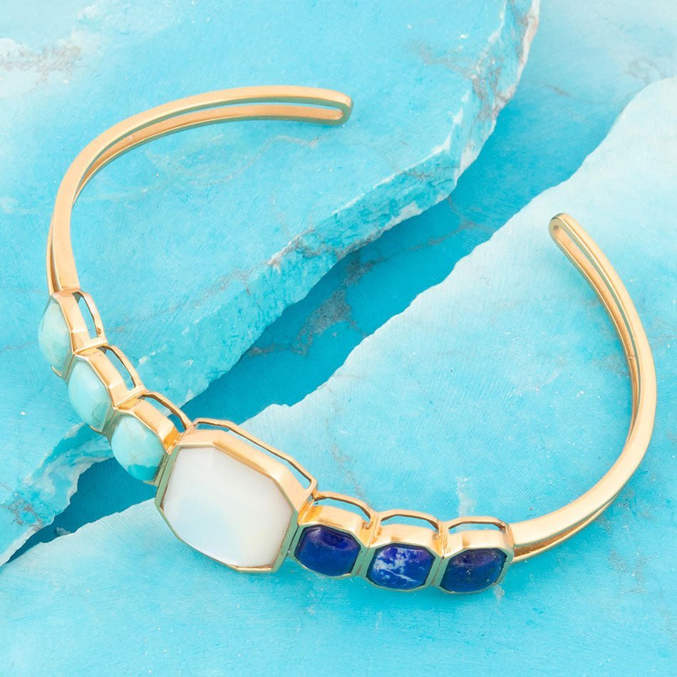 Dual Color Blue Lapis Turquoise and White Mother of Pearl Golden Cuff Bracelet Bracelets La Vie Bien Dual Color Blue Lapis Turquoise and White Mother of Pearl Golden Cuff Bracelet