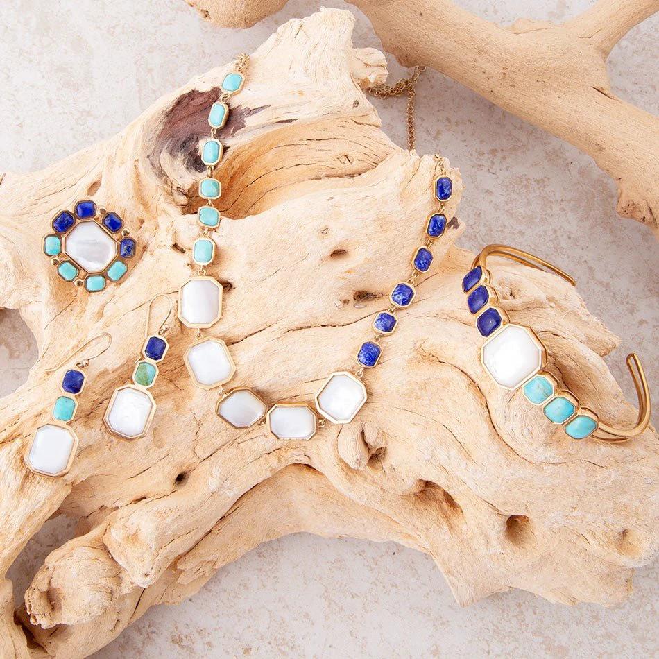 Dual Color Blue Lapis Turquoise and White Mother of Pearl Golden Necklace by Barse Jewelry