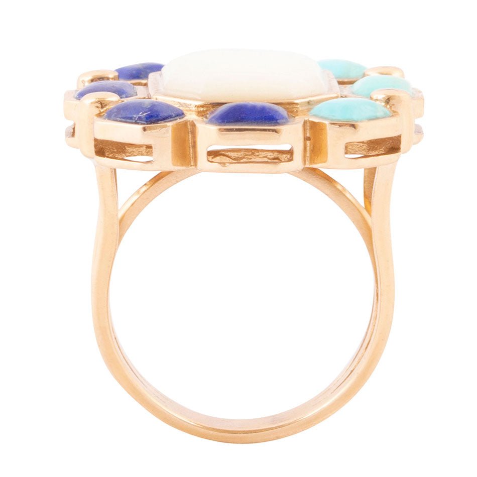 Dual Color Blue Lapis Turquoise and White Mother of Pearl Golden Ring rings La Vie Bien Dual Color Blue Lapis Turquoise and White Mother of Pearl Golden Ring