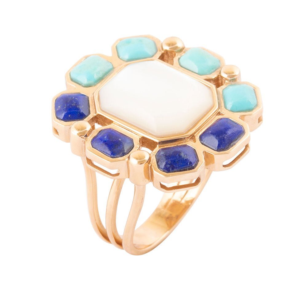 Dual Color Blue Lapis Turquoise and White Mother of Pearl Golden Ring rings La Vie Bien Dual Color Blue Lapis Turquoise and White Mother of Pearl Golden Ring