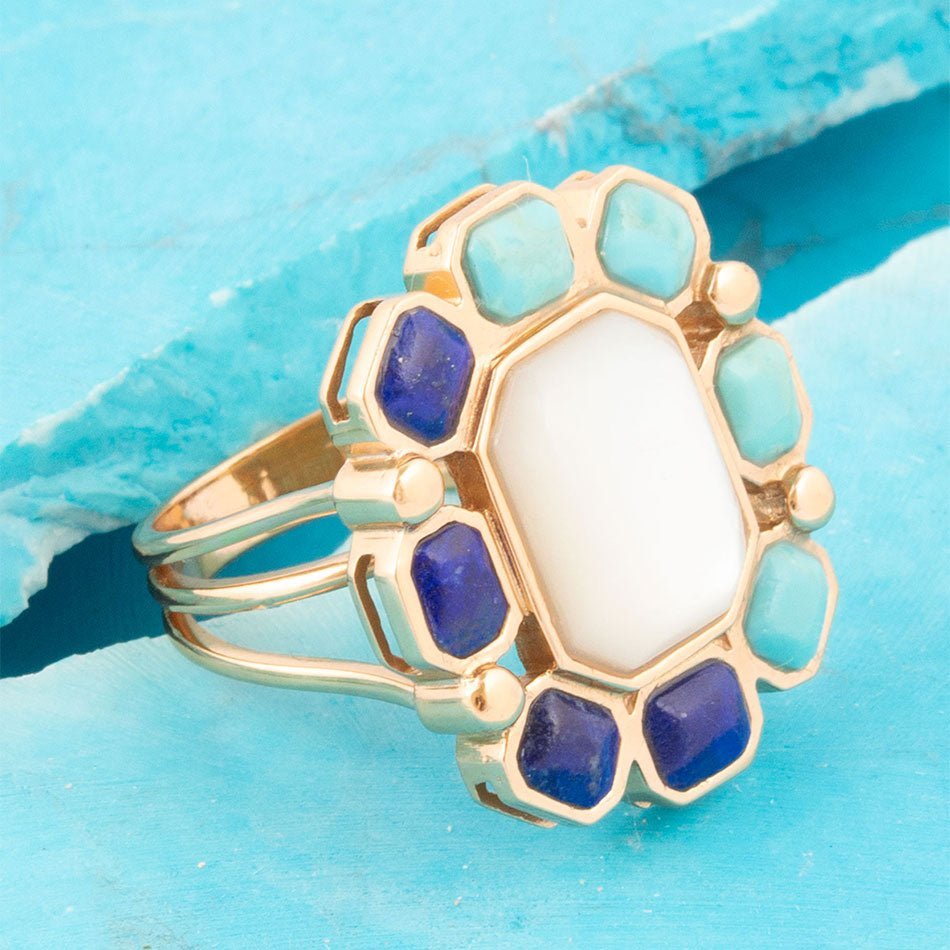 Dual Color Blue Lapis Turquoise and White Mother of Pearl Golden Ring rings La Vie Bien Dual Color Blue Lapis Turquoise and White Mother of Pearl Golden Ring