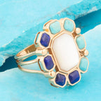 Dual Color Blue Lapis Turquoise and White Mother of Pearl Golden Ring rings La Vie Bien Dual Color Blue Lapis Turquoise and White Mother of Pearl Golden Ring