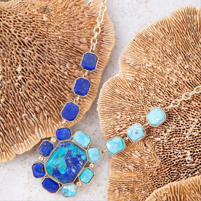 Duality Blue Lapis and Turquoise Golden Pendant Necklace by Barse Jewelry
