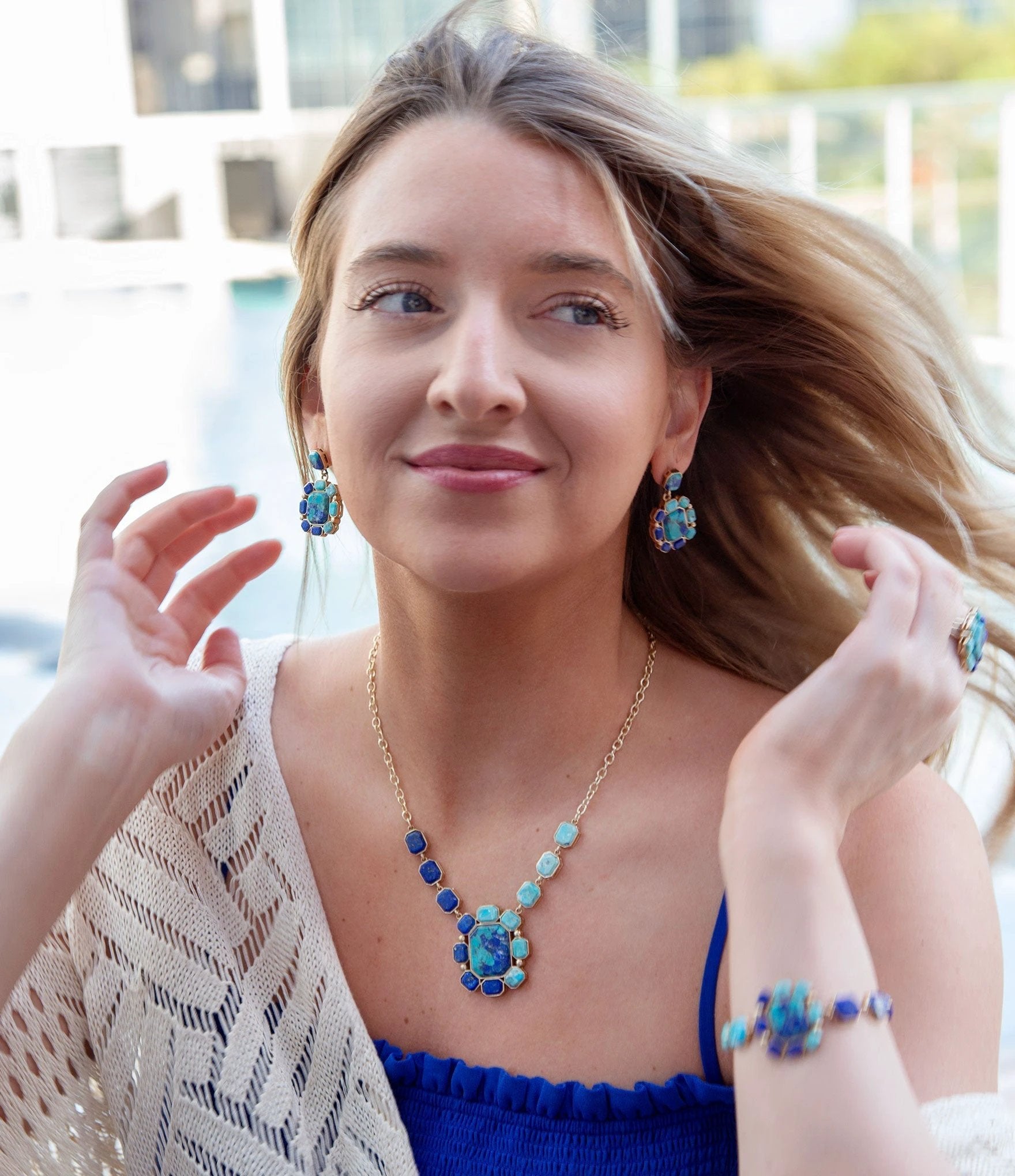 Duality Blue Lapis and Turquoise Golden Pendant Necklace by Barse Jewelry