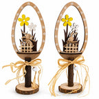Set of 2 Rustic Wooden Easter Egg Tabletop Decorations With Bunny Scene 10.7 Inches Tall
