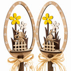 Set of 2 Rustic Wooden Easter Egg Tabletop Decorations With Bunny Scene 10.7 Inches Tall