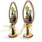 Set of 2 Rustic Wooden Easter Egg Tabletop Decorations With Bunny Scene 10.7 Inches Tall
