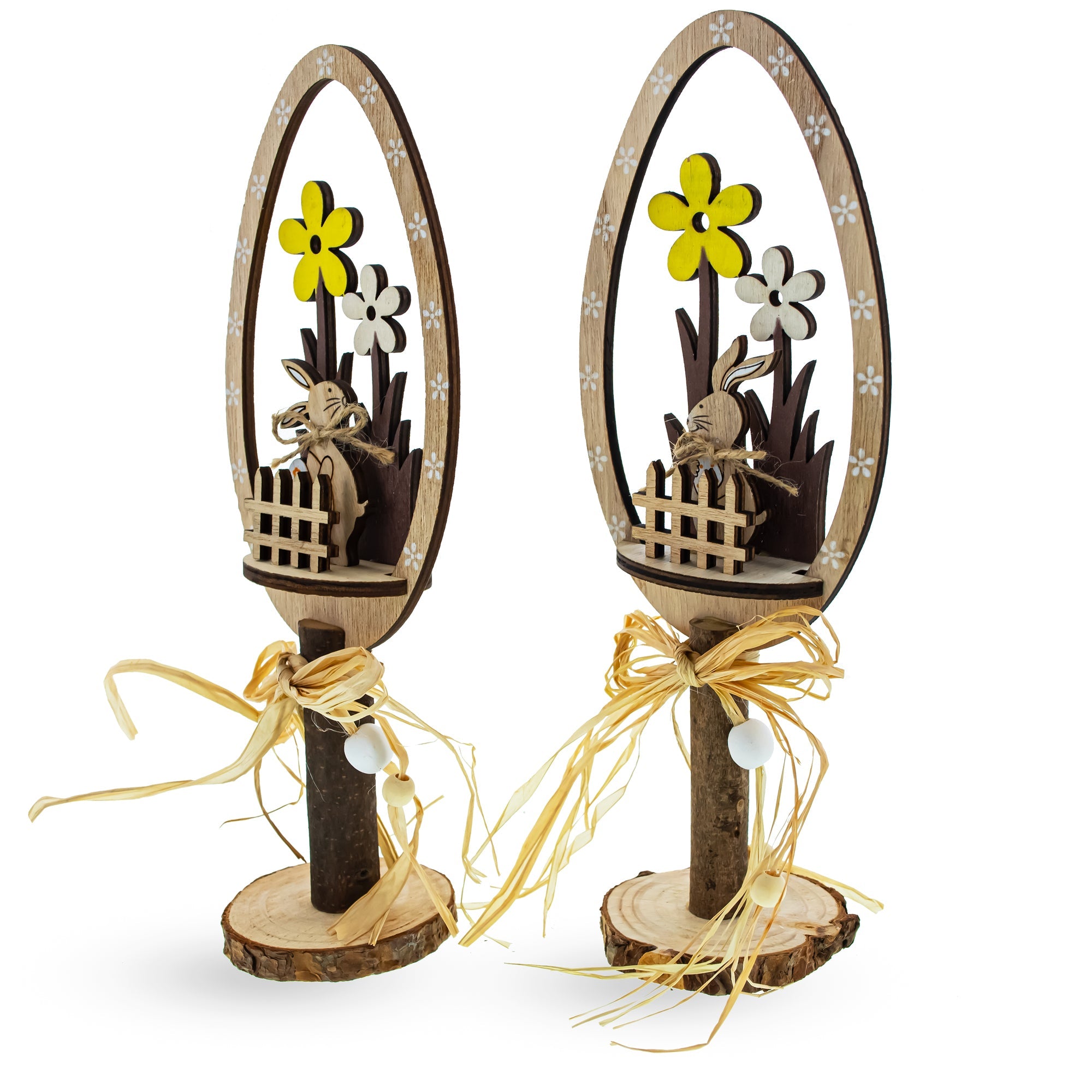 Set of 2 Rustic Wooden Easter Egg Tabletop Decorations With Bunny Scene 10.7 Inches Tall