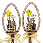 Set of 2 Rustic Wooden Easter Egg Tabletop Decorations With Bunny Scene 10.7 Inches Tall