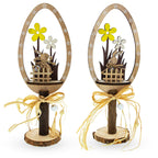 Set of 2 Rustic Wooden Easter Egg Tabletop Decorations With Bunny Scene 10.7 Inches Tall