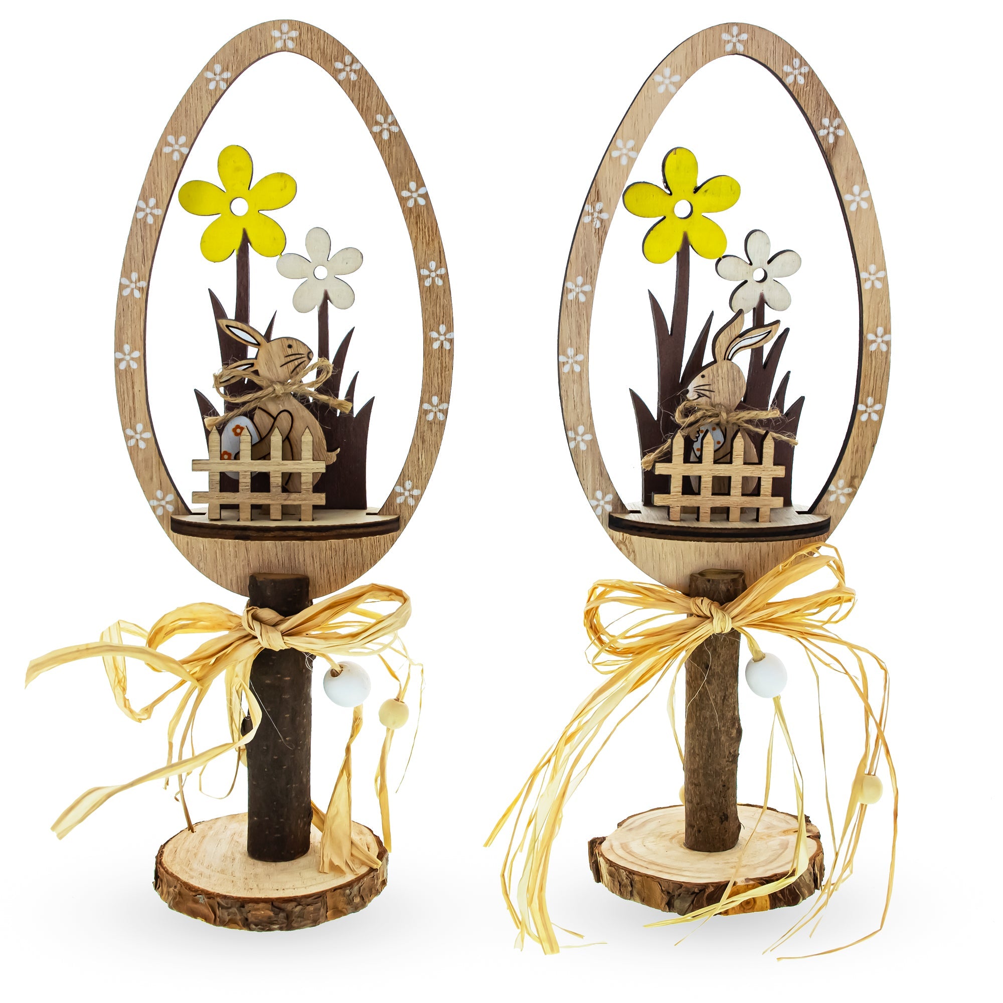 Set of 2 Rustic Wooden Easter Egg Tabletop Decorations With Bunny Scene 10.7 Inches Tall