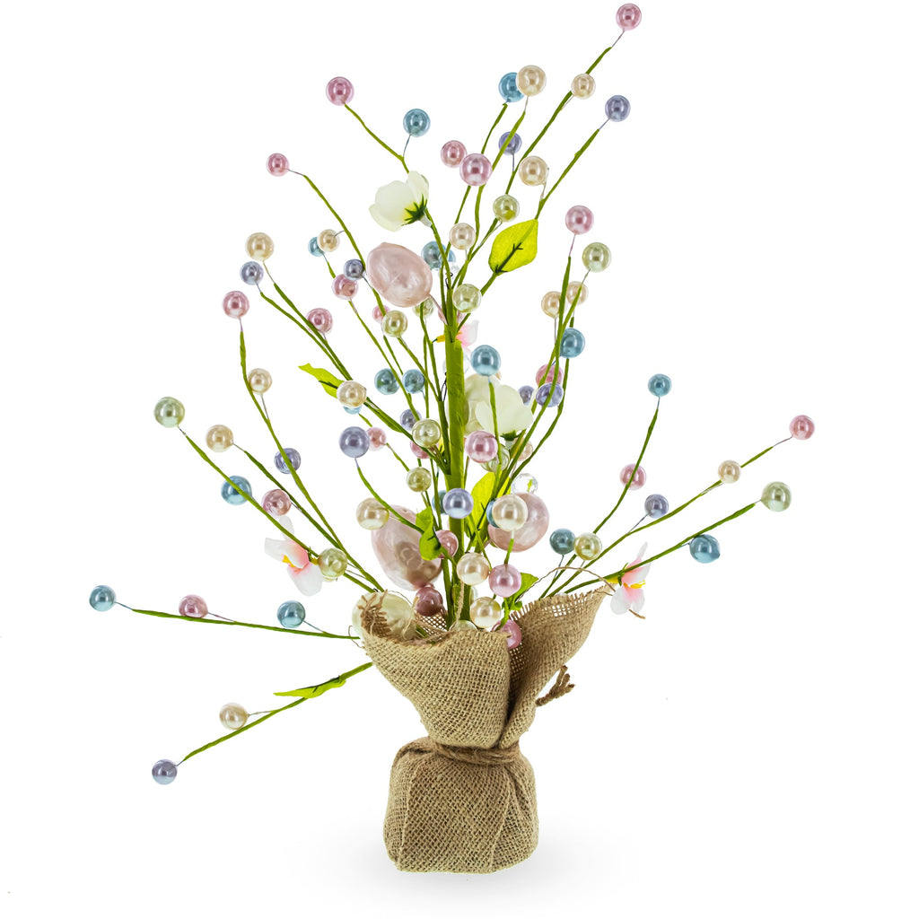 Easter Berry & Egg Floral Branch Arrangement Spring Tabletop Centerpiece with Burlap Base 17.5 Inches