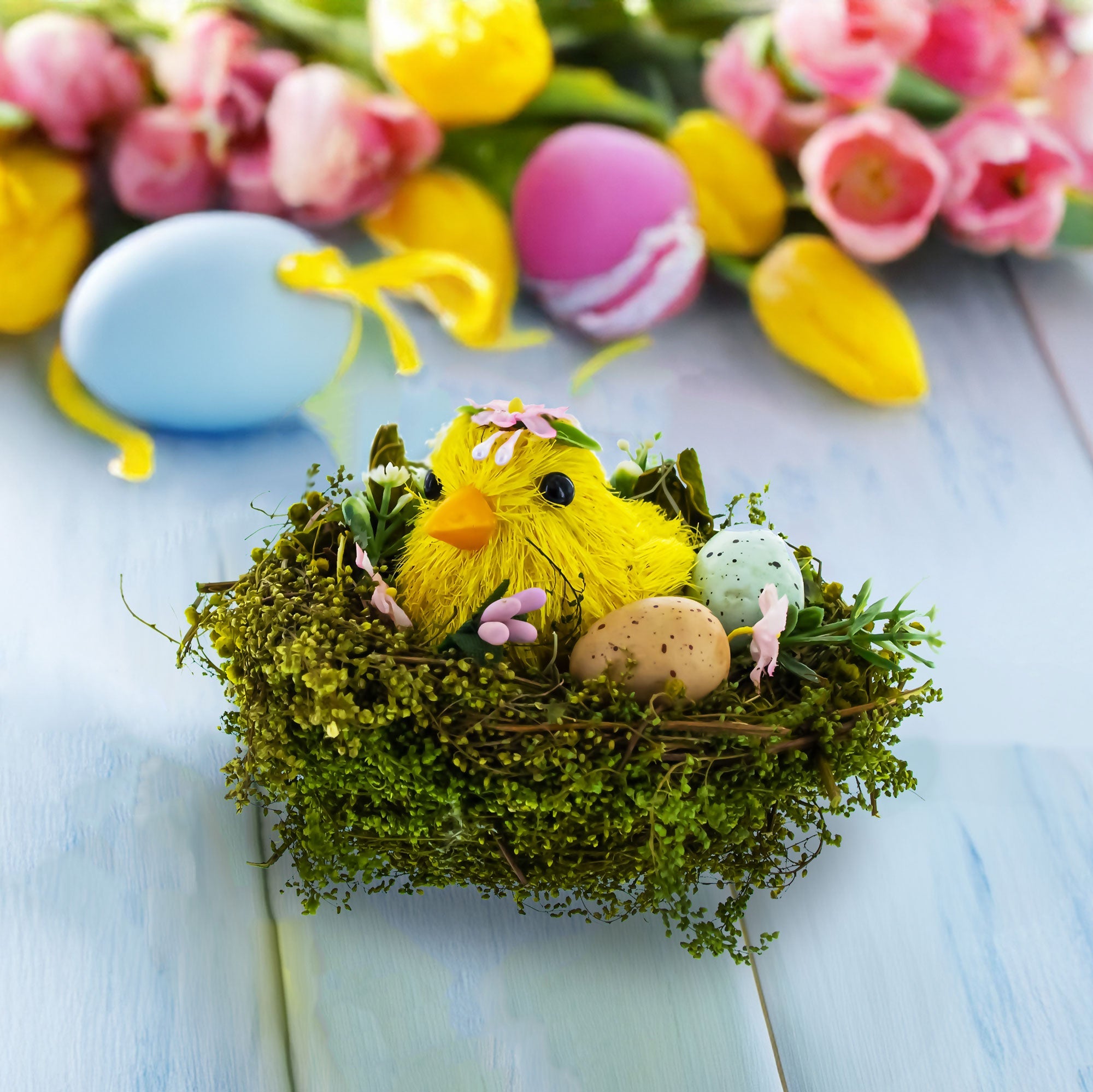 Nestled Chick Amidst Colorful Treasures Tabletop Figurine 3.3 Inches Tall