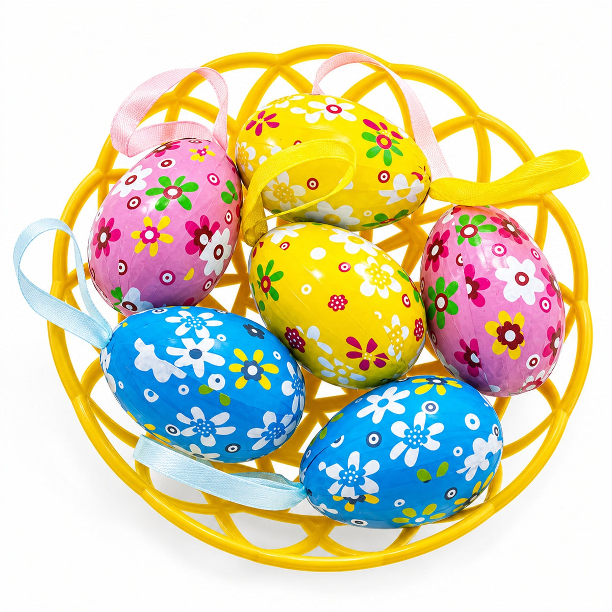 Set of 6 Floral Easter Egg Ornaments in Basket