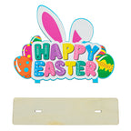 Happy Easter Wooden Tabletop Cutout With Bunny and Egg Artwork 6.5 Inches Tall
