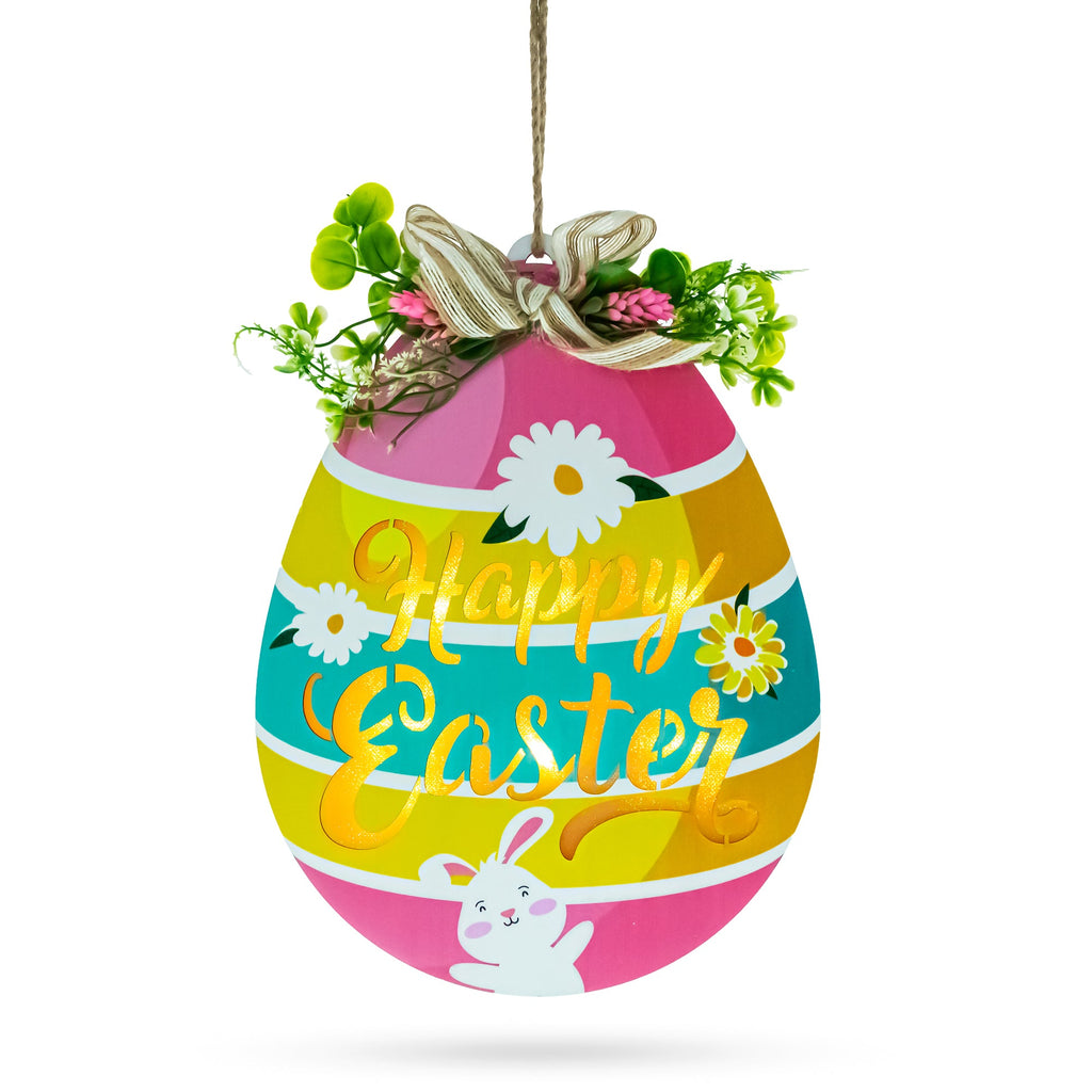 Illuminated LED Wooden Easter Egg Hanging Decor 12.5 Inches Tall
