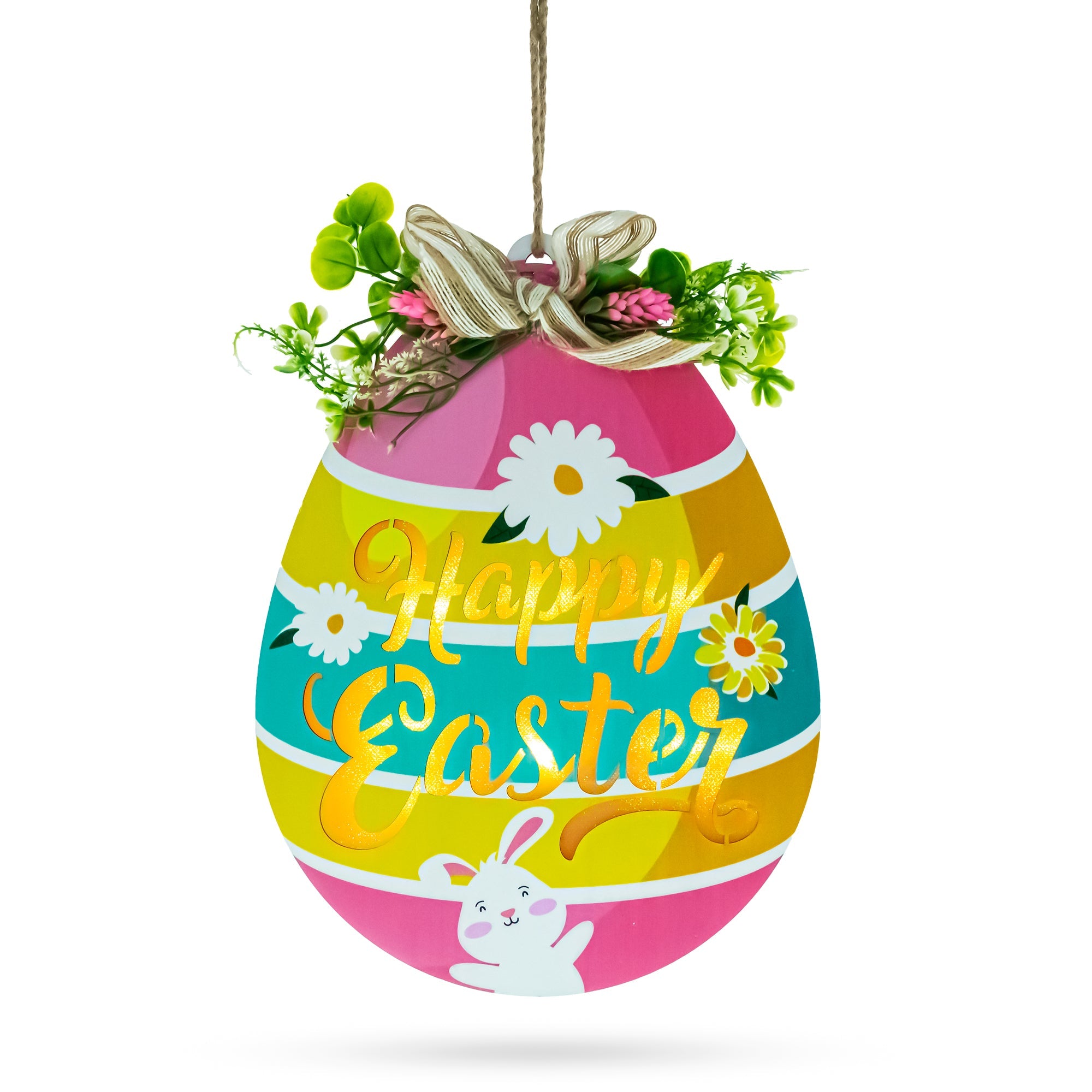 Illuminated LED Wooden Easter Egg Hanging Decor 12.5 Inches Tall