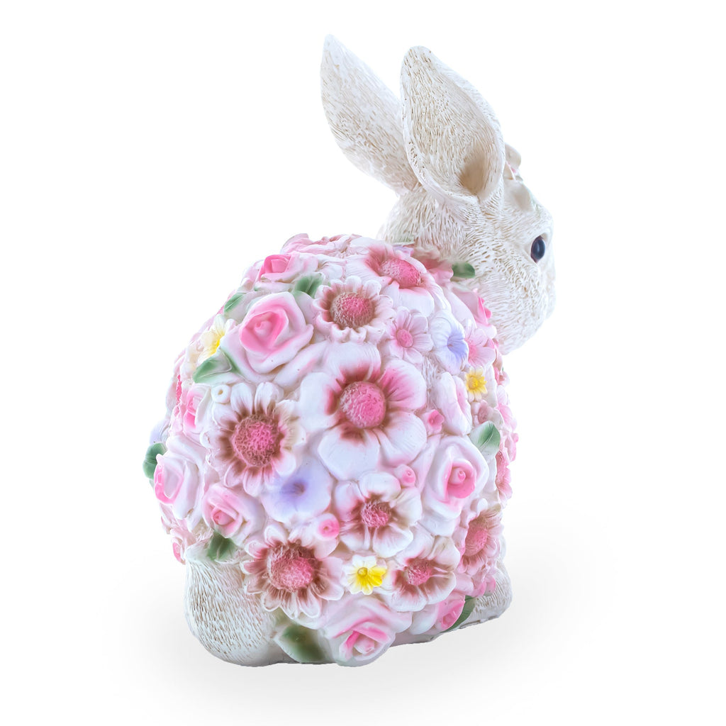 Hand Painted Resin Bunny With Elegant Garden Blooms 7.1 Inches Tall