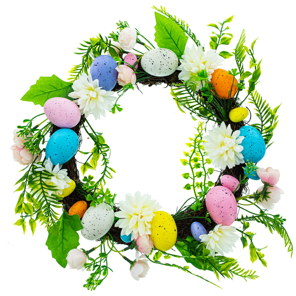 Festive Easter Floral Door Wreath with Pastel Speckled Eggs